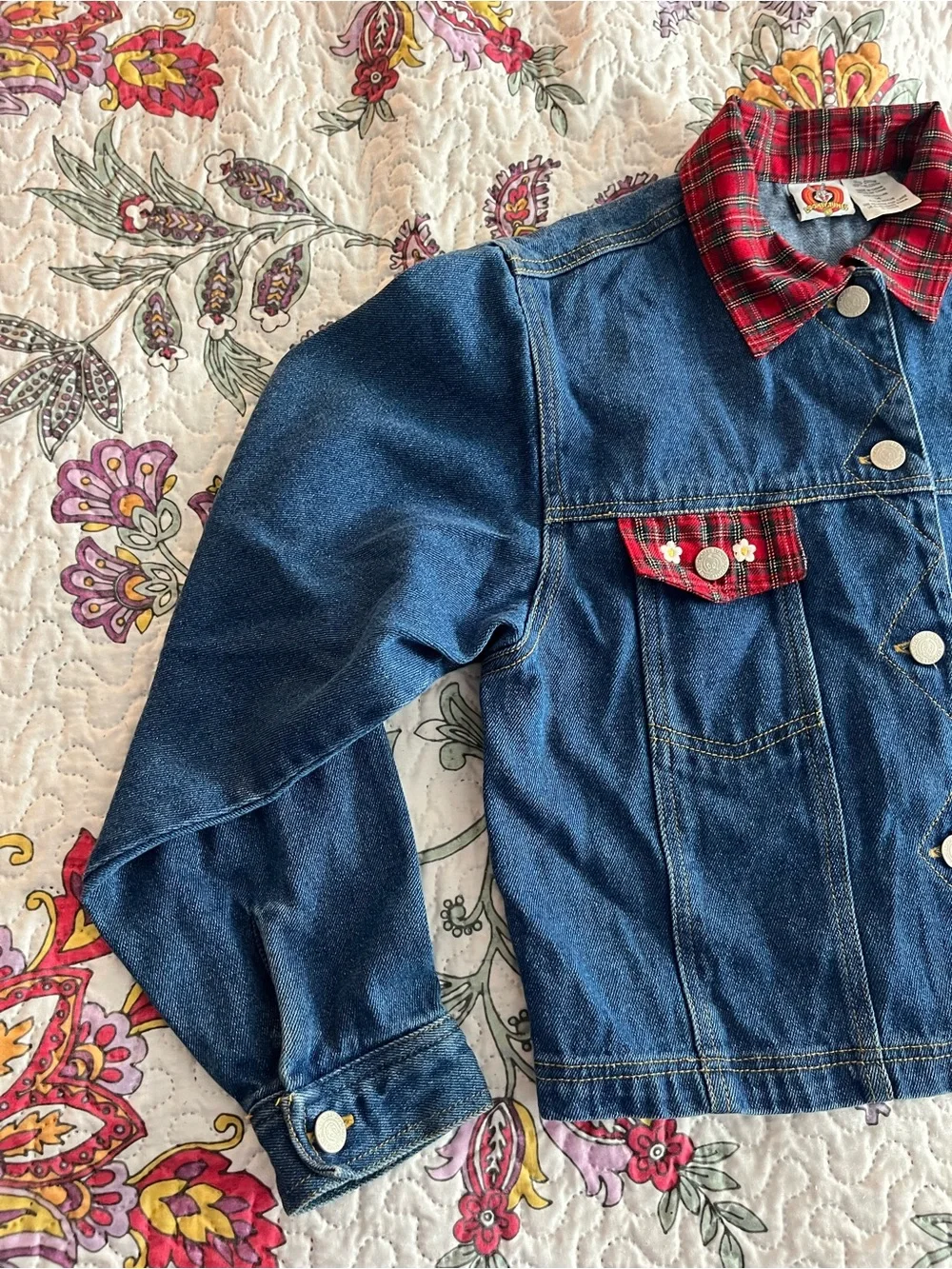 Vintage 1997 90’s Tweedy Bird Denim Jacket youth kids Size 14 Red Plaid Heart